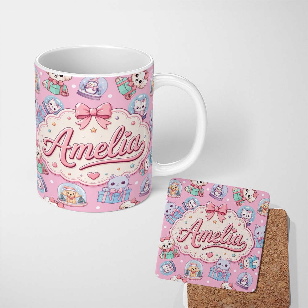 Personalized Custom Name Cute Kawaii Christmas Pets Snow Globe Gifts Pink Background 11oz Ceramic Coffee Tea Mug White Large Handle