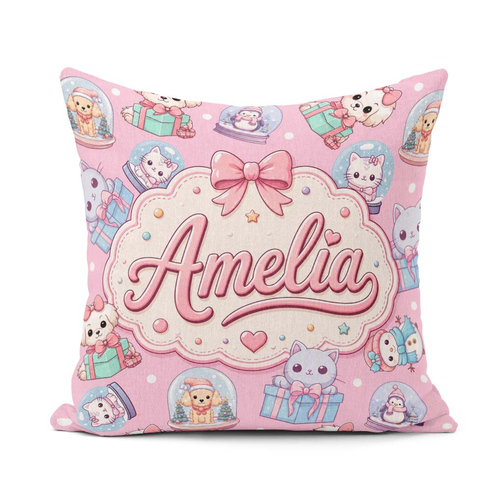 Custom Name Cute Christmas Pets Snow Globe Gifts Pink Background Square Filled Cushion Throw Pillow Sofa Bed Home Decor Zip Washable UK Made