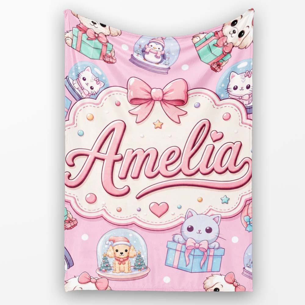 Cute Kawaii Christmas Pets Snow Globe Gifts Pink Background Personalised Custom Name Super Soft Fleece Blanket Bed Sofa Throw