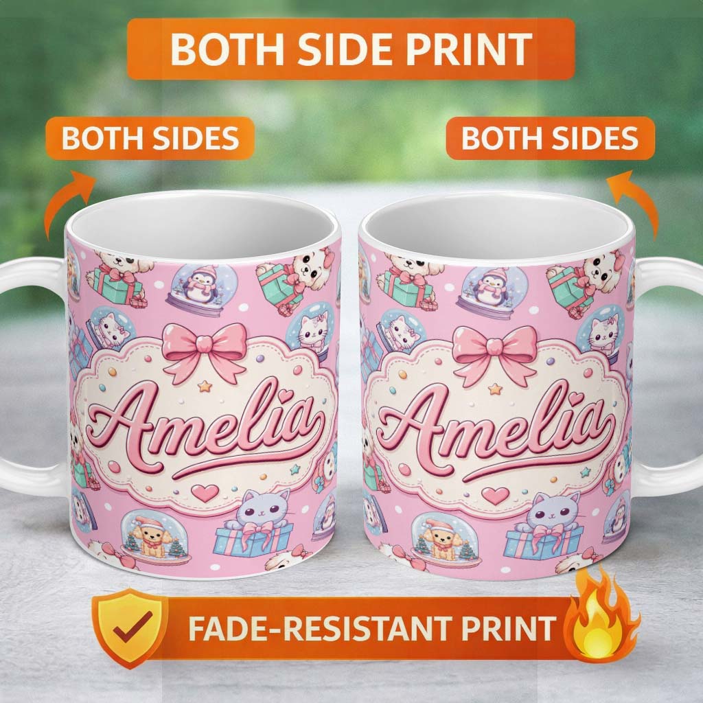 Personalized Custom Name Cute Kawaii Christmas Pets Snow Globe Gifts Pink Background 11oz Ceramic Coffee Tea Mug White Large Handle