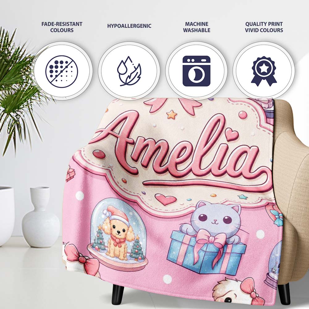 Cute Kawaii Christmas Pets Snow Globe Gifts Pink Background Personalised Custom Name Super Soft Fleece Blanket Bed Sofa Throw