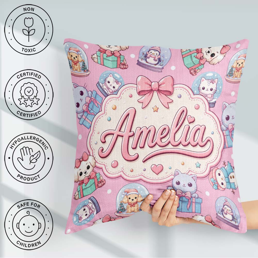 Custom Name Cute Christmas Pets Snow Globe Gifts Pink Background Square Filled Cushion Throw Pillow Sofa Bed Home Decor Zip Washable UK Made