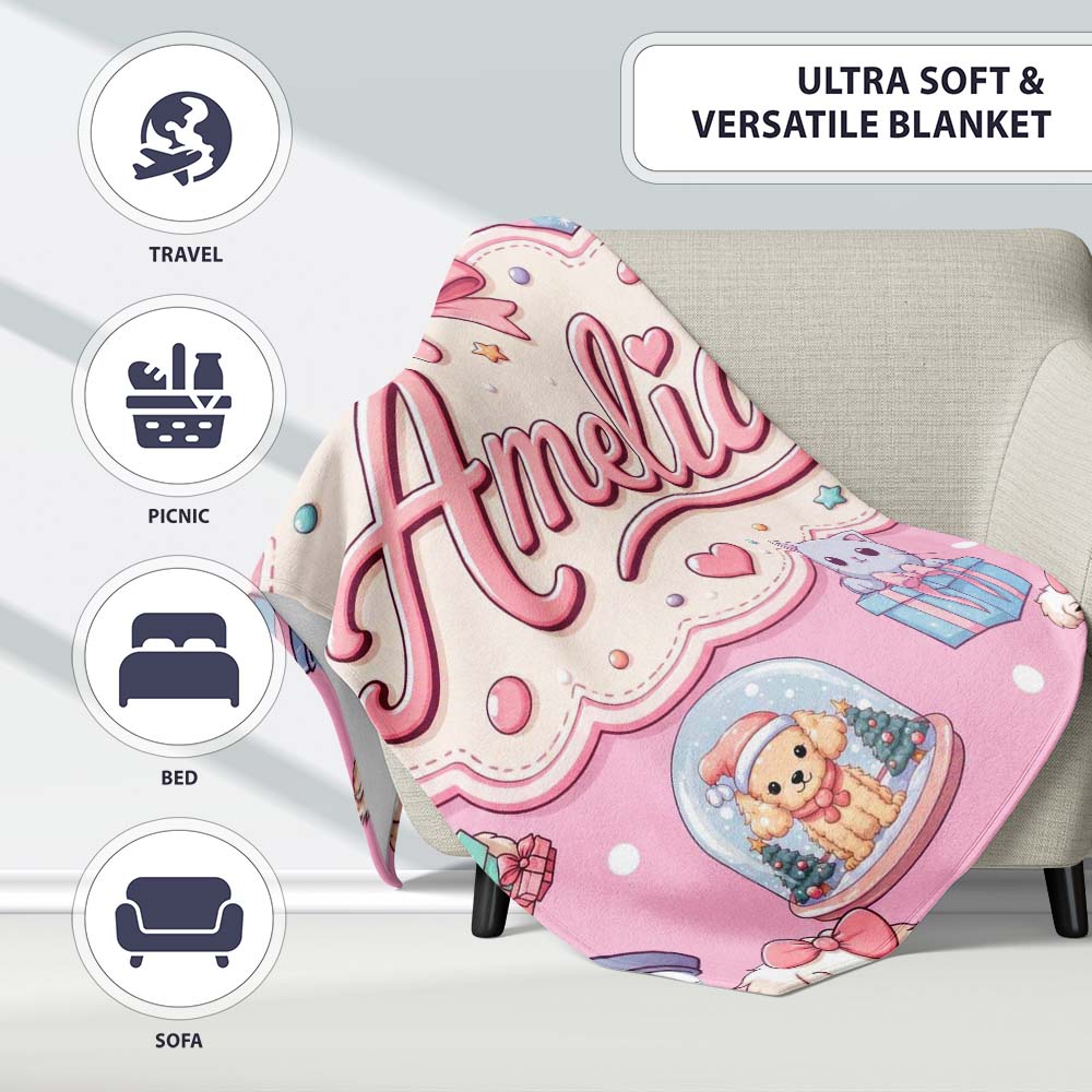 Cute Kawaii Christmas Pets Snow Globe Gifts Pink Background Personalised Custom Name Super Soft Fleece Blanket Bed Sofa Throw