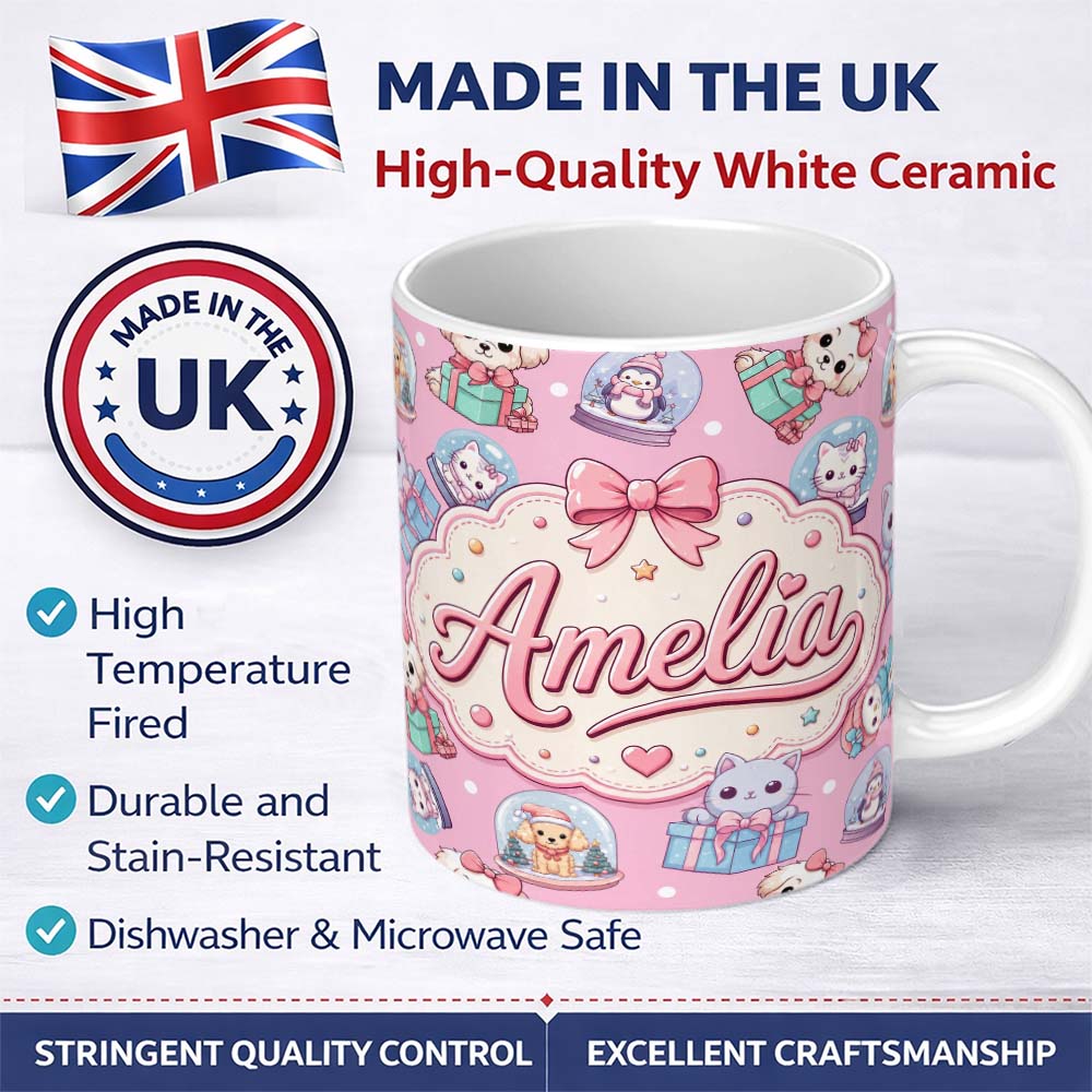 Personalized Custom Name Cute Kawaii Christmas Pets Snow Globe Gifts Pink Background 11oz Ceramic Coffee Tea Mug White Large Handle