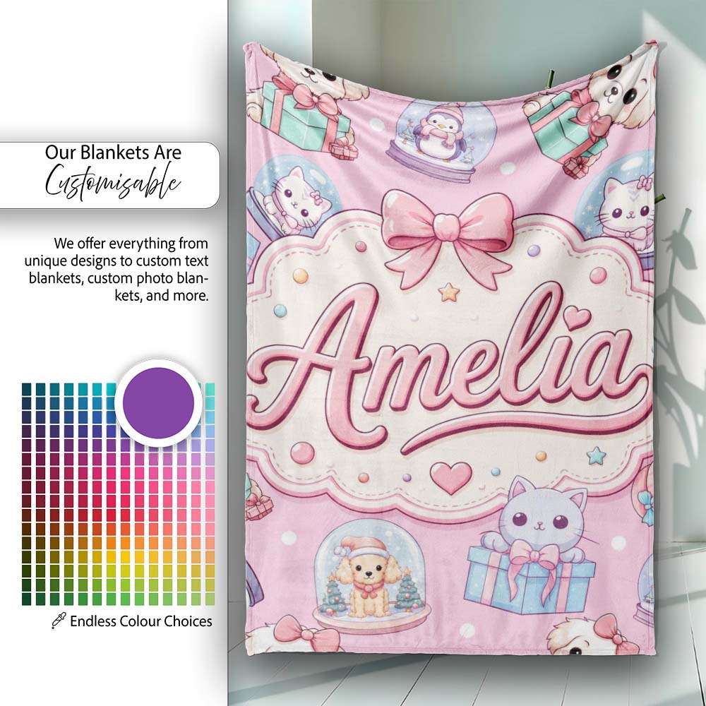 Cute Kawaii Christmas Pets Snow Globe Gifts Pink Background Personalised Custom Name Super Soft Fleece Blanket Bed Sofa Throw