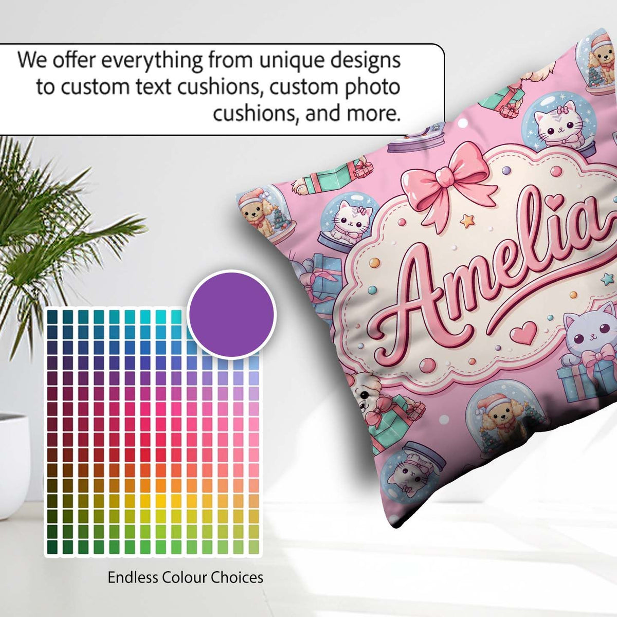 Custom Name Cute Christmas Pets Snow Globe Gifts Pink Background Square Filled Cushion Throw Pillow Sofa Bed Home Decor Zip Washable UK Made