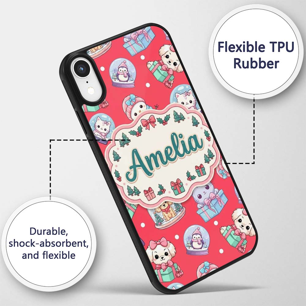 Cute Kawaii Christmas Pets Snow Globe Gifts Red Custom Name Protective Phone Case Mobile Cover Durable Everyday Smartphone Shock Resistant