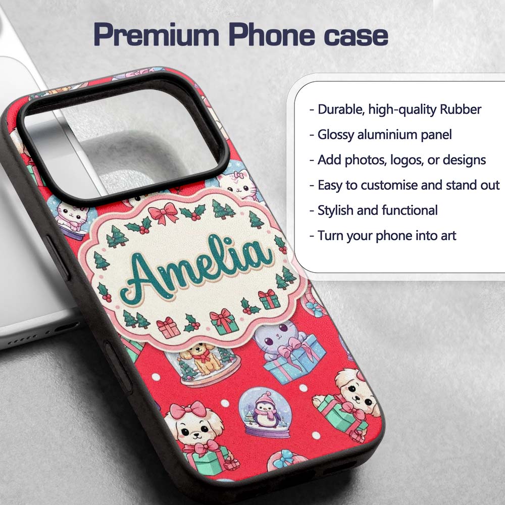 Cute Kawaii Christmas Pets Snow Globe Gifts Red Custom Name Protective Phone Case Mobile Cover Durable Everyday Smartphone Shock Resistant