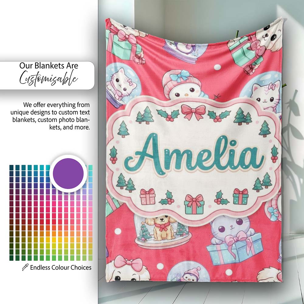 Cute Kawaii Christmas Pets Snow Globe Gifts Red Background Seamless Personalised Custom Name Super Soft Fleece Blanket Bed Sofa Throw