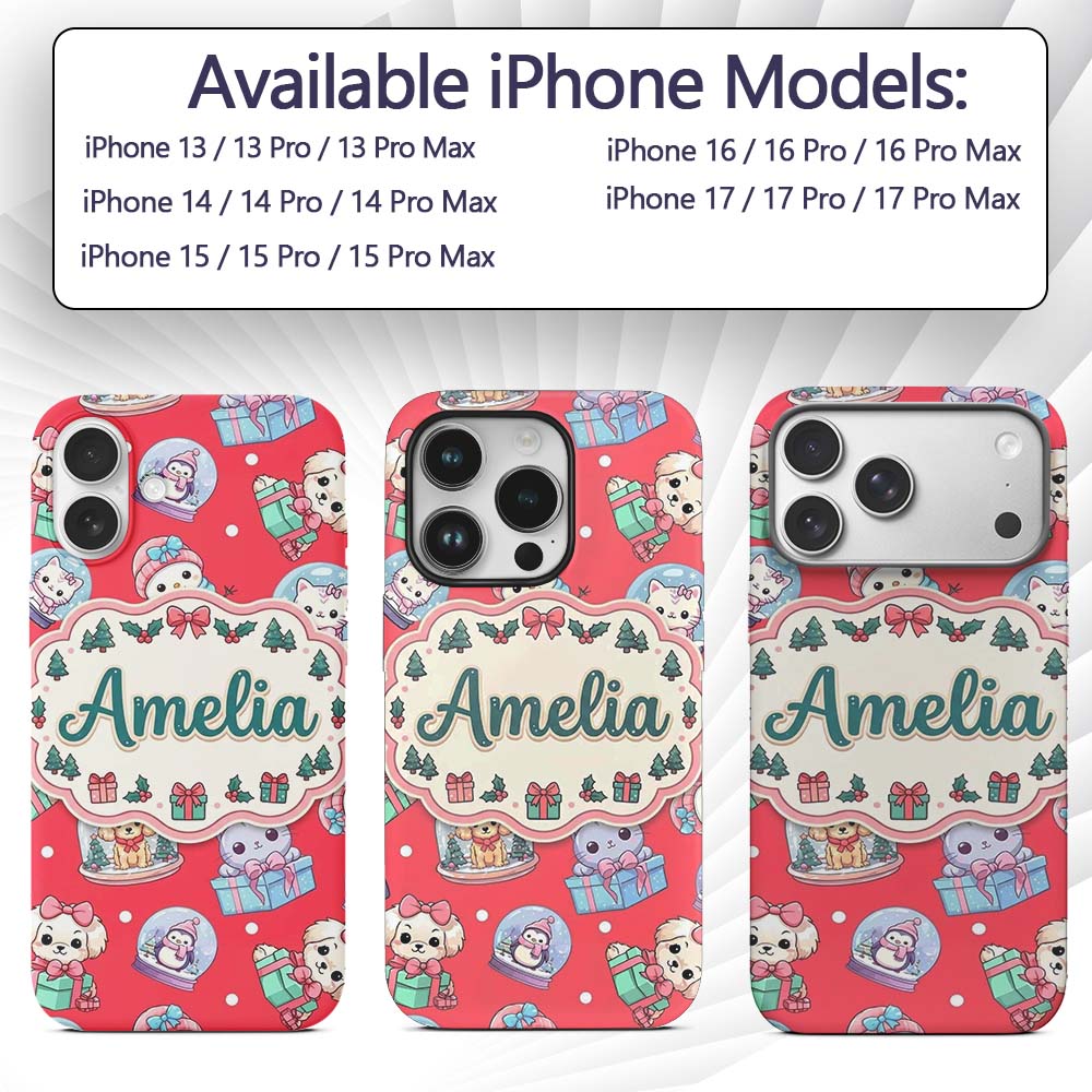 Cute Kawaii Christmas Pets Snow Globe Gifts Red Custom Name Protective Phone Case Mobile Cover Durable Everyday Smartphone Shock Resistant