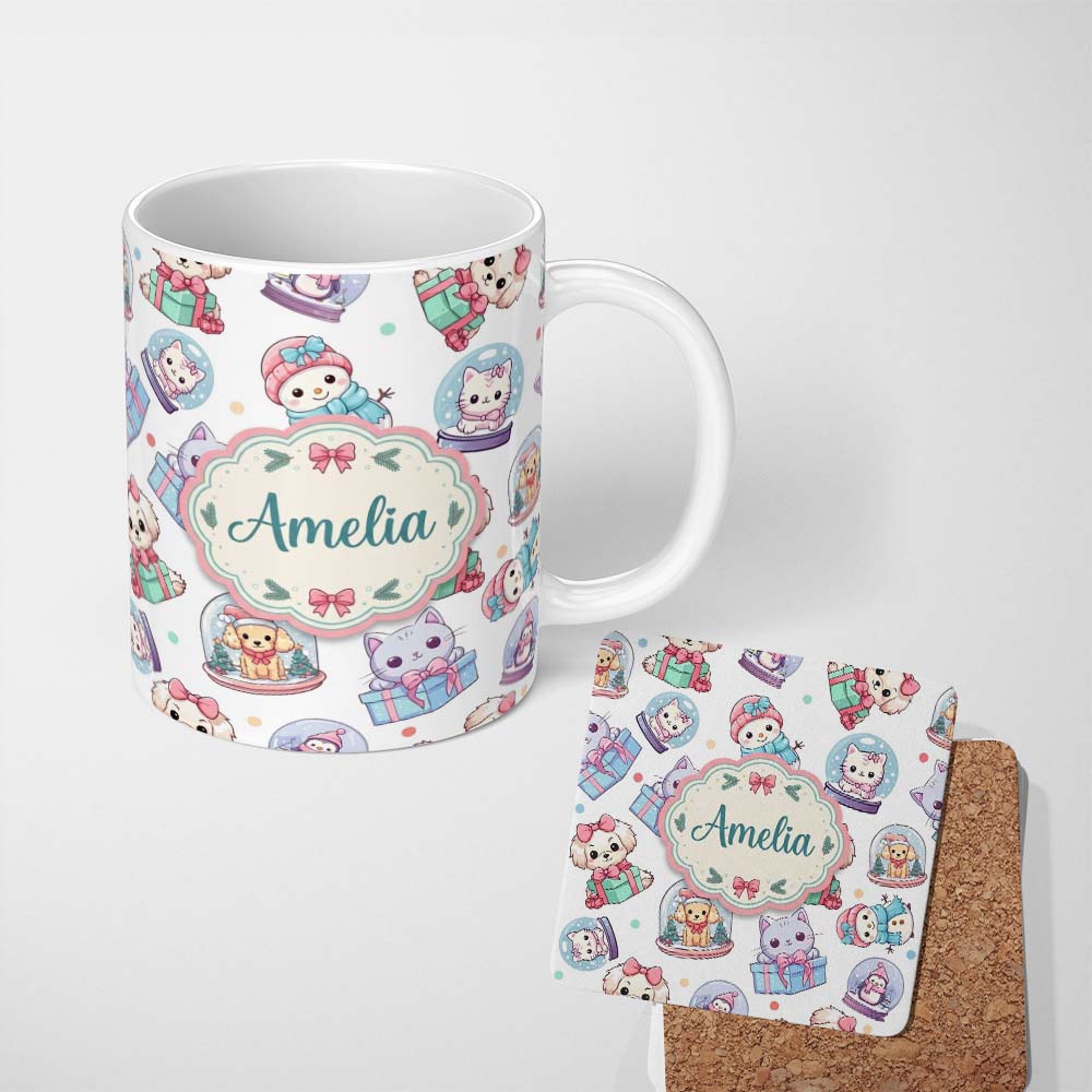 Personalized Custom Name Cute Kawaii Christmas Pets Snow Globe Gifts Light Grey Background 11oz Ceramic Coffee Tea Mug White Large Handle