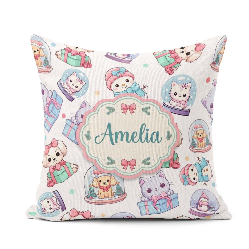 Custom Name Kawaii Pets Snow Globe Gifts Light Grey Background Square Filled Cushion Throw Pillow Sofa Bed Home Decor Zip Washable UK Made