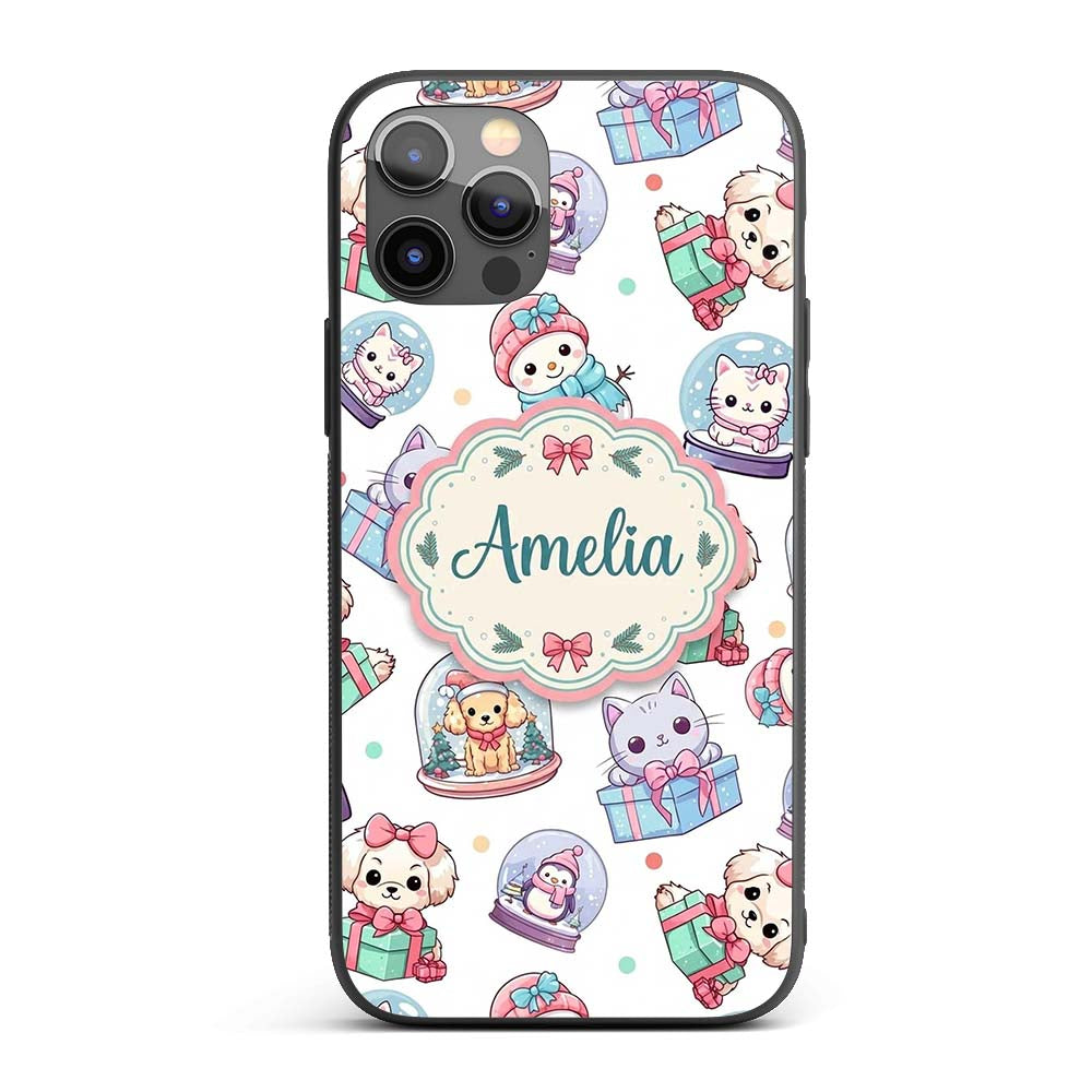 Cute Kawaii Christmas Pets Snow Globe Gifts Light Custom Name Protective Phone Case Mobile Cover Durable Everyday Smartphone Shock Resistant