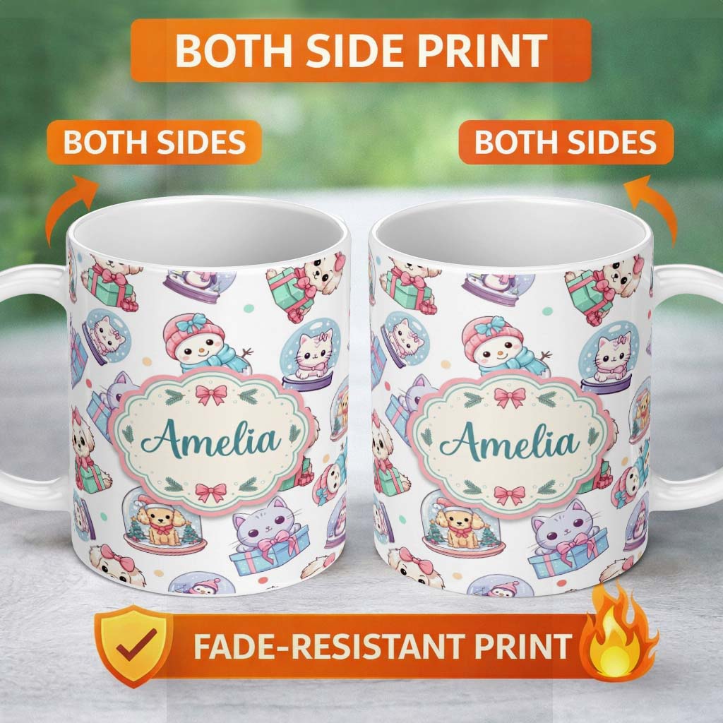 Personalized Custom Name Cute Kawaii Christmas Pets Snow Globe Gifts Light Grey Background 11oz Ceramic Coffee Tea Mug White Large Handle