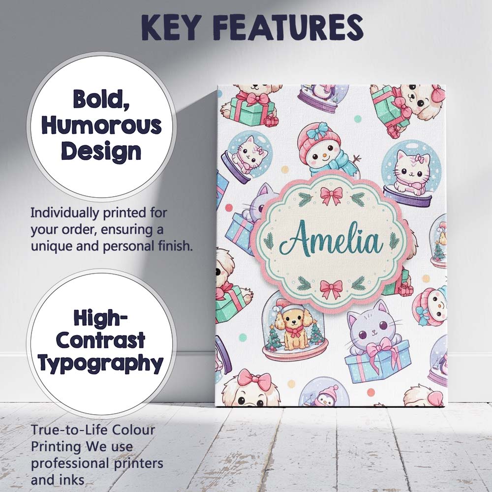 Personalised Name Cute Kawaii Christmas Custom Modern Room Accent Elegant Feature Canvas Wall Art Print Decor Picture Ready to Hang