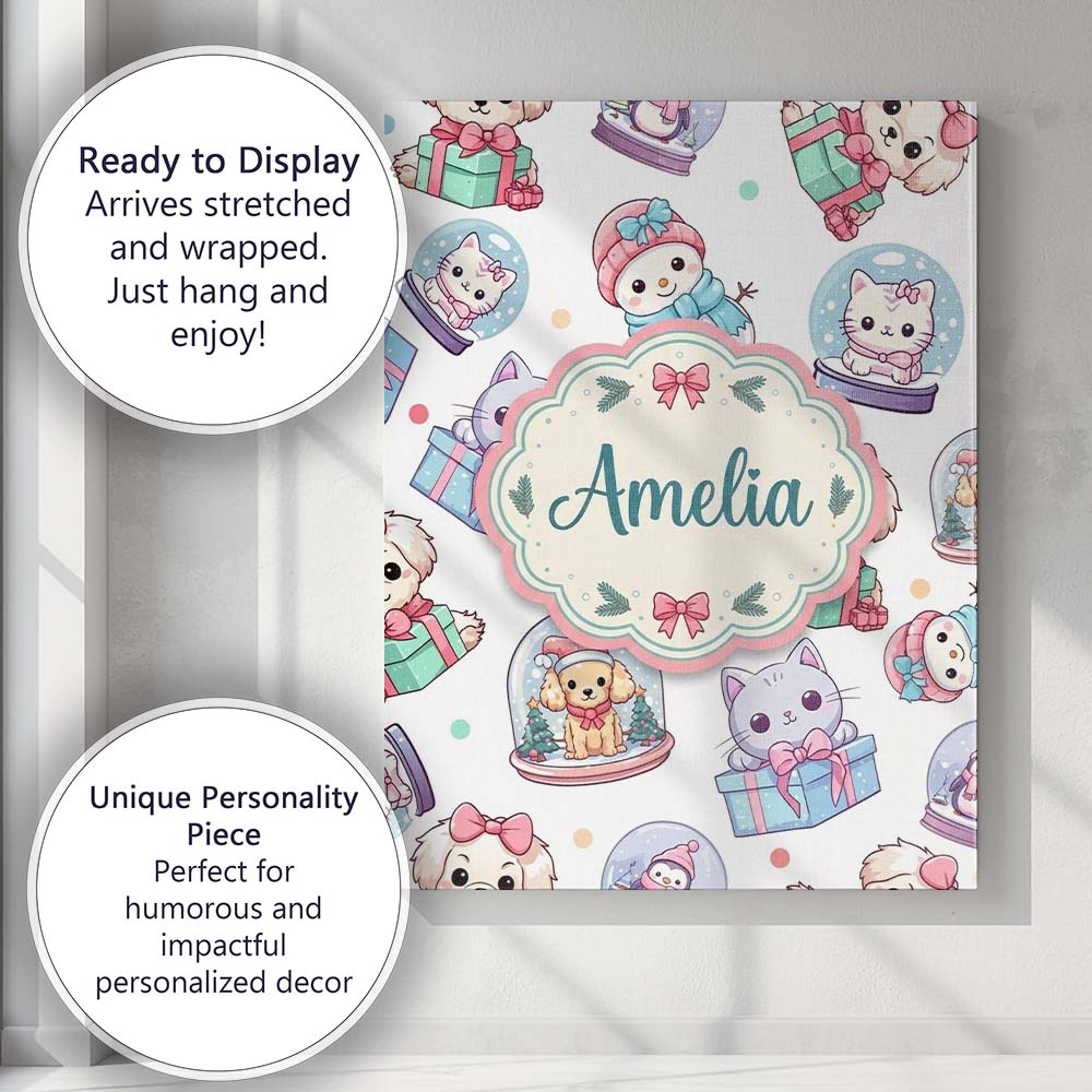 Personalised Name Cute Kawaii Christmas Custom Modern Room Accent Elegant Feature Canvas Wall Art Print Decor Picture Ready to Hang
