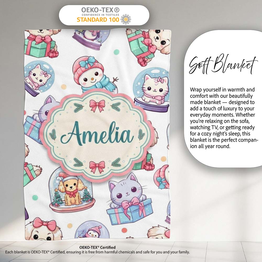 Cute Kawaii Christmas Pets Snow Globe Gifts Light Grey Background Personalised Custom Name Super Soft Fleece Blanket Bed Sofa Throw