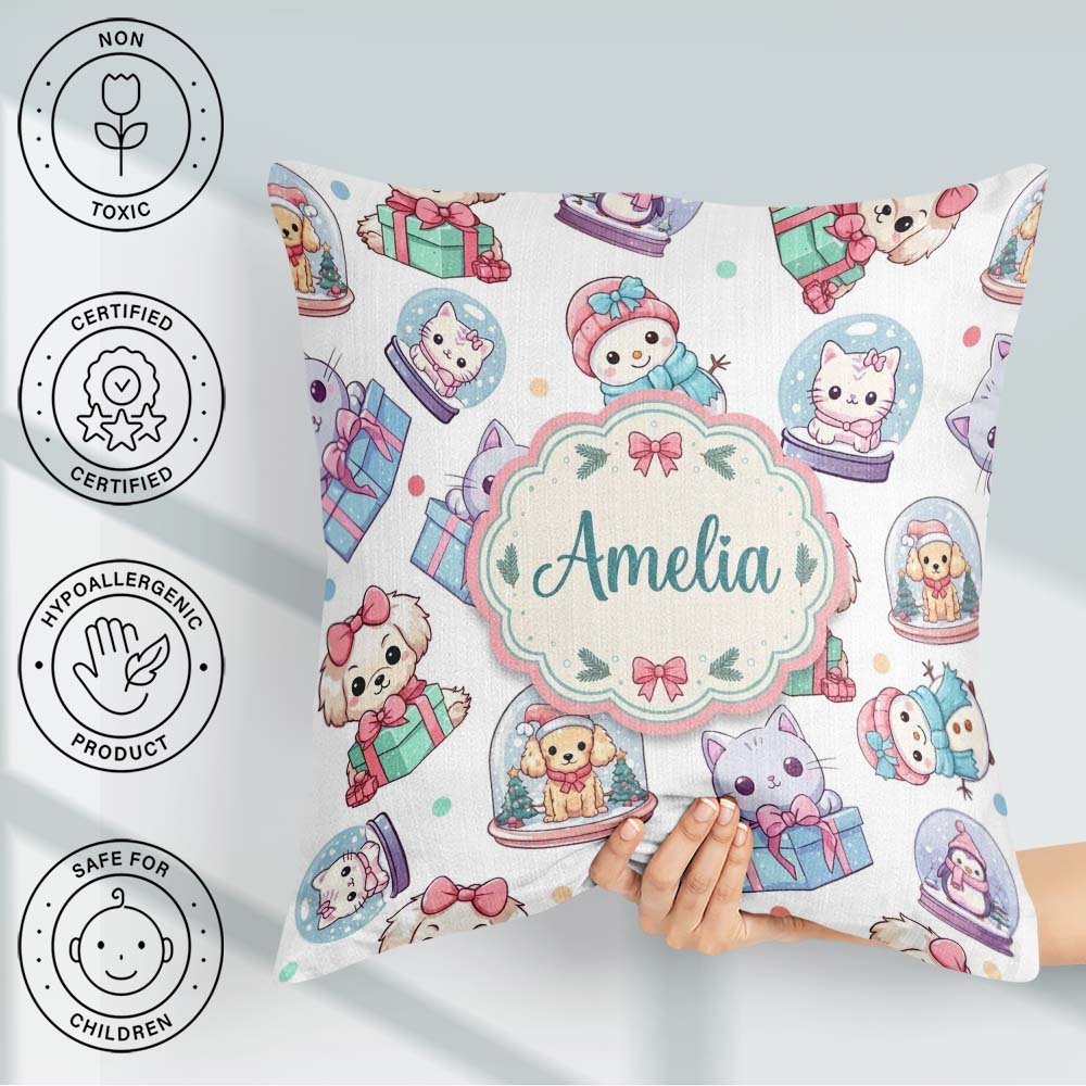 Custom Name Kawaii Pets Snow Globe Gifts Light Grey Background Square Filled Cushion Throw Pillow Sofa Bed Home Decor Zip Washable UK Made