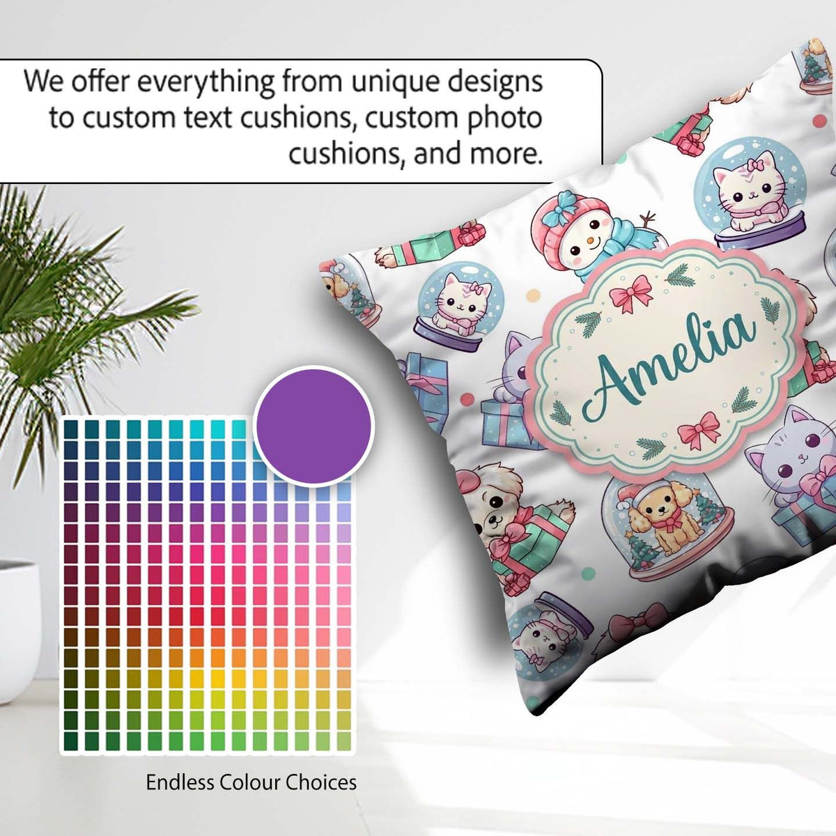 Custom Name Kawaii Pets Snow Globe Gifts Light Grey Background Square Filled Cushion Throw Pillow Sofa Bed Home Decor Zip Washable UK Made