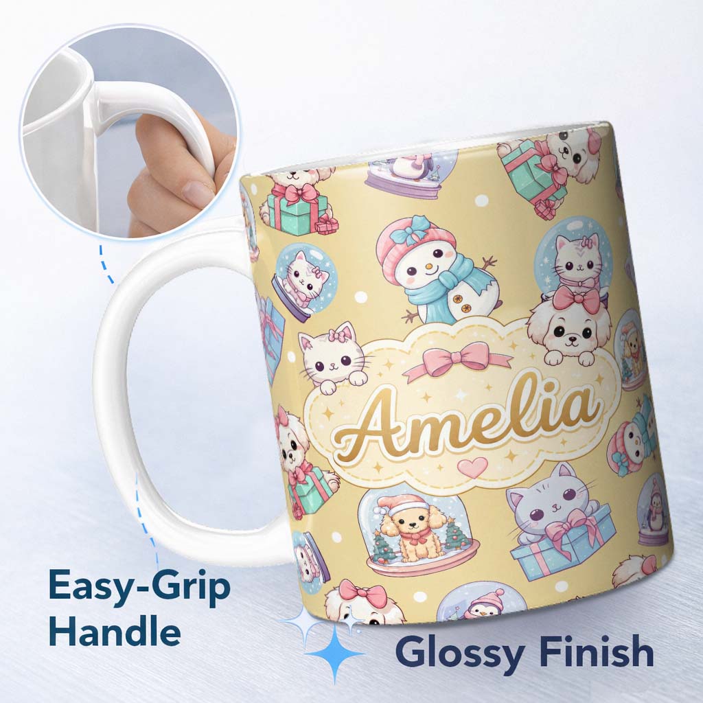 Personalized Custom Name Cute Kawaii Christmas Pets Snow Globe Gifts Yellow Background 11oz Ceramic Coffee Tea Mug White Large Handle