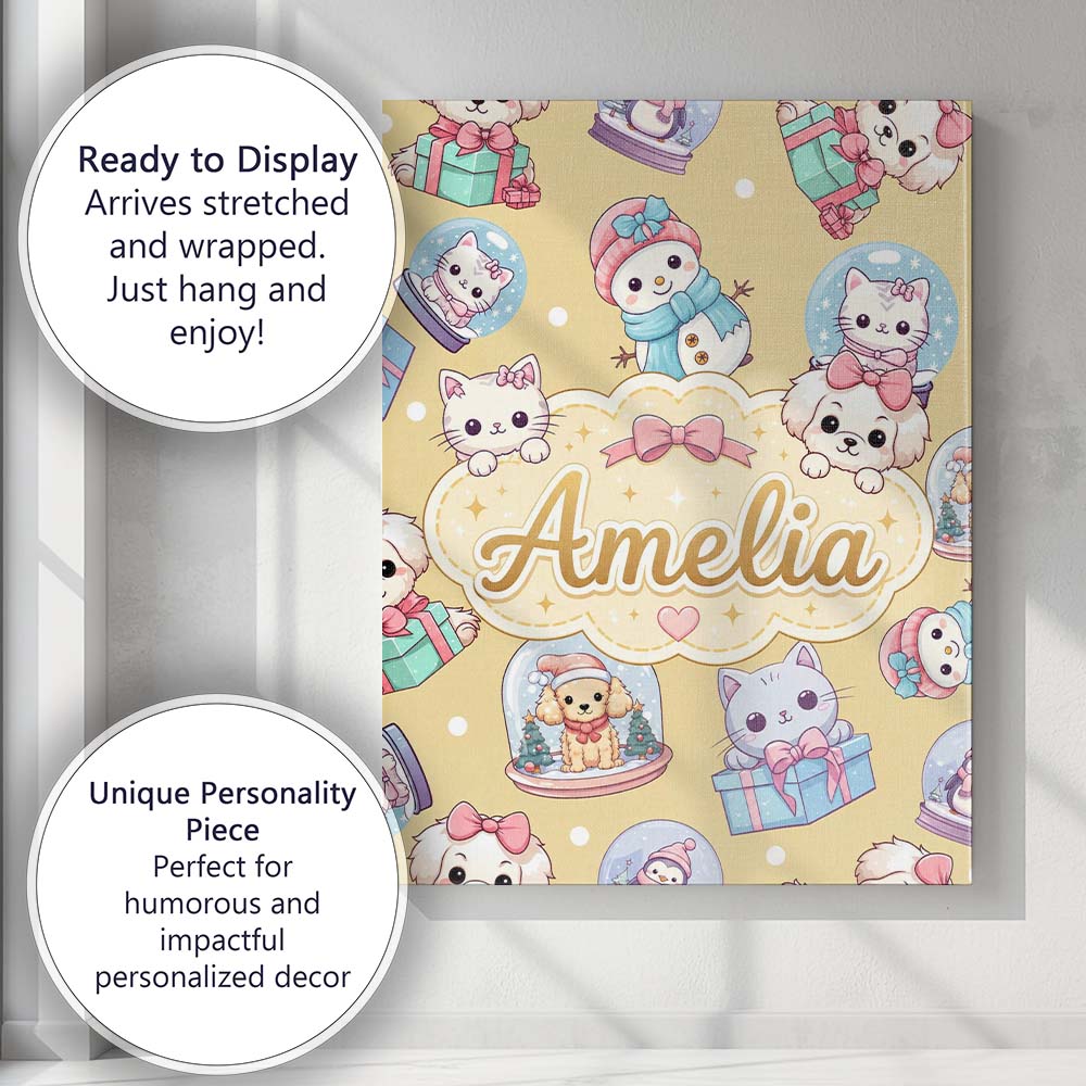Personalised Name Cute Kawaii Christmas Custom Modern Room Accent Elegant Feature Canvas Wall Art Print Decor Picture Ready to Hang