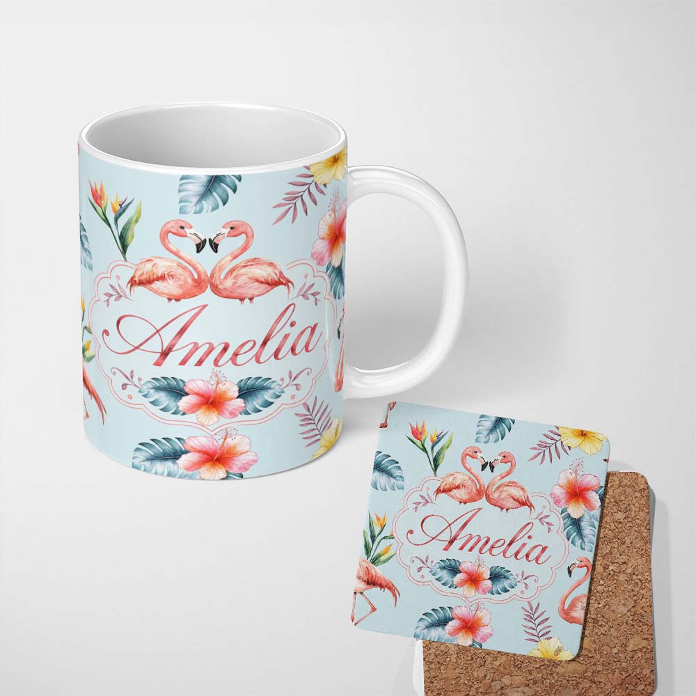 Personalized Custom Name Elegant Pink Flamingos Tropical Flowers on Blue Background Seamless 11oz Ceramic Coffee Tea Mug White Large Handle