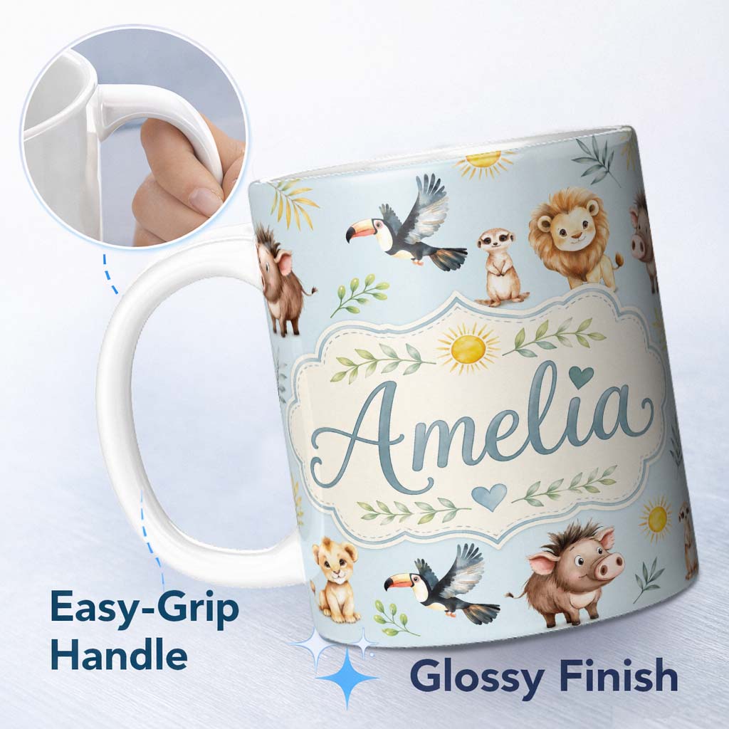 Personalized Custom Name Jungle Animals Lion Meerkat Toucan Boar on Soft Blue Seamless 11oz Ceramic Coffee Tea Mug White Large Handle