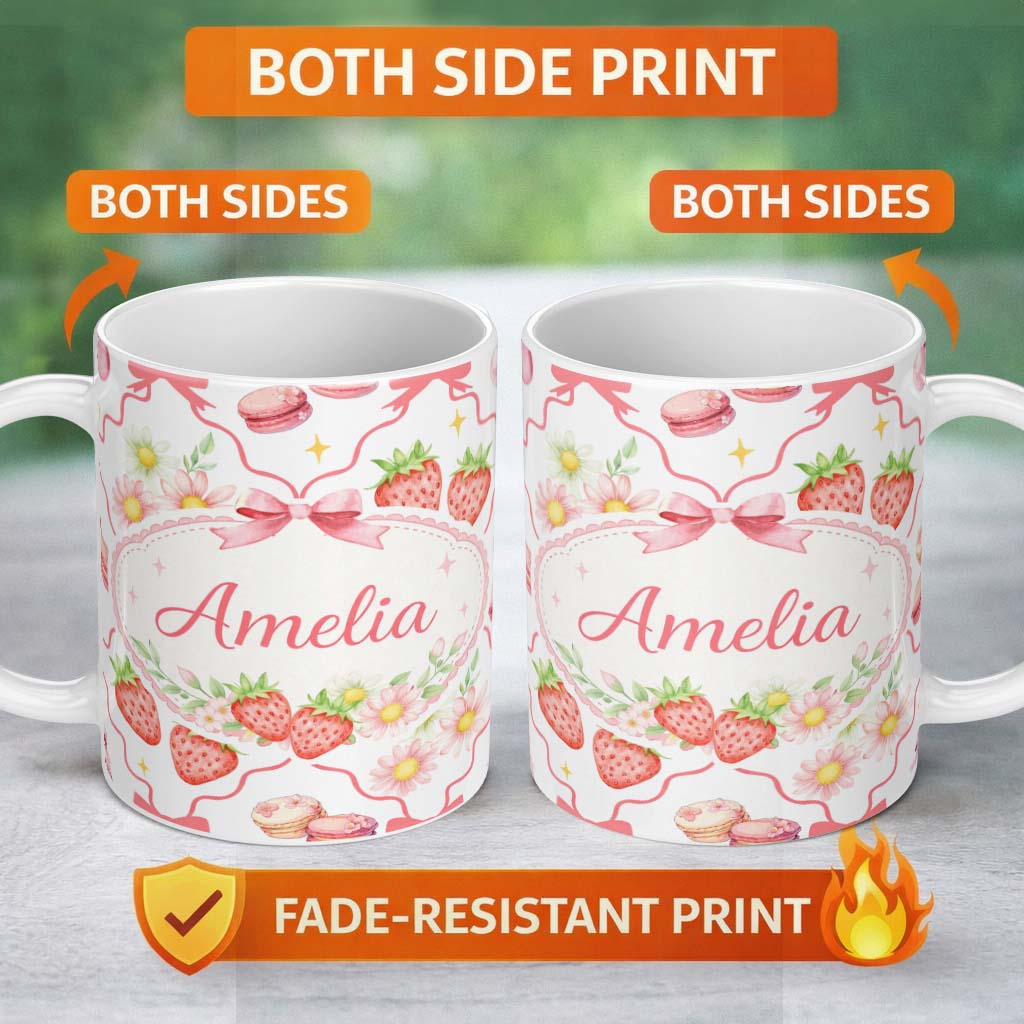 Personalized Custom Name Strawberry Cherry Daisy White Red Outline Cute Coquette Floral 11oz Ceramic Coffee Tea Mug White Large Handle