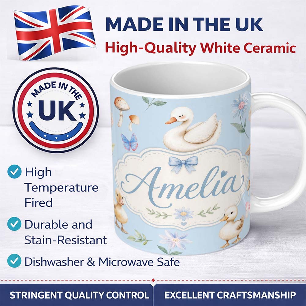 Personalized Custom Name Swan and Ducklings with Flowers Mushrooms Soft Blue Seamless 11oz Ceramic Coffee Tea Mug White Large Handle