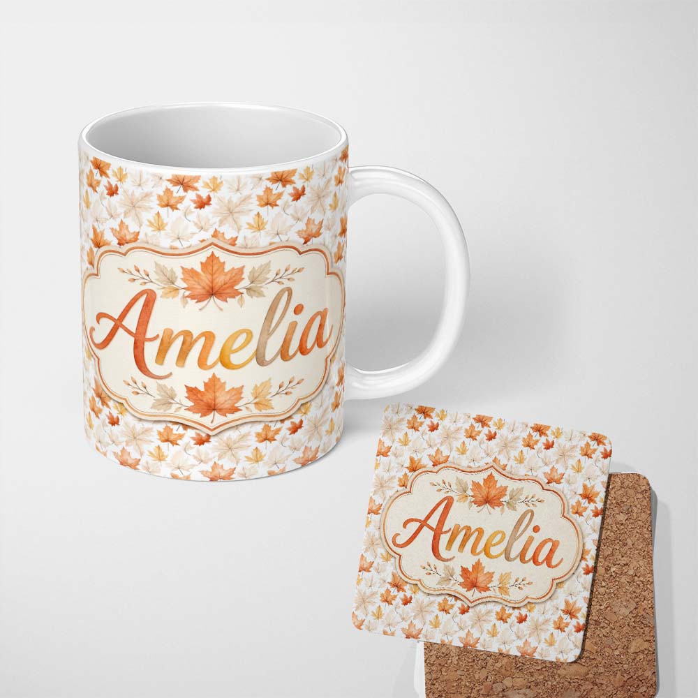 Personalized Custom Name Soft Watercolour Maple Leaves in Beige and Warm Orange on Light 11oz Ceramic Coffee Tea Mug White Large Handle