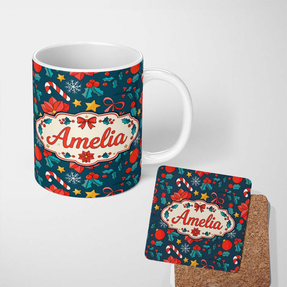 Personalized Custom Name Festive Poinsettia Candy Cane Holly Berry Seamless Pattern Lovely 11oz Ceramic Coffee Tea Mug White Large Handle