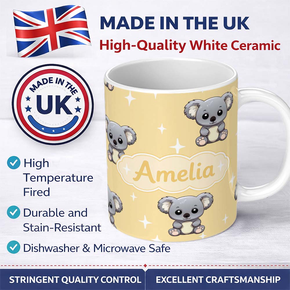 Personalized Custom Name Cute Baby Koala Bears on Soft Beige Background Seamless Pattern 11oz Ceramic Coffee Tea Mug White Large Handle