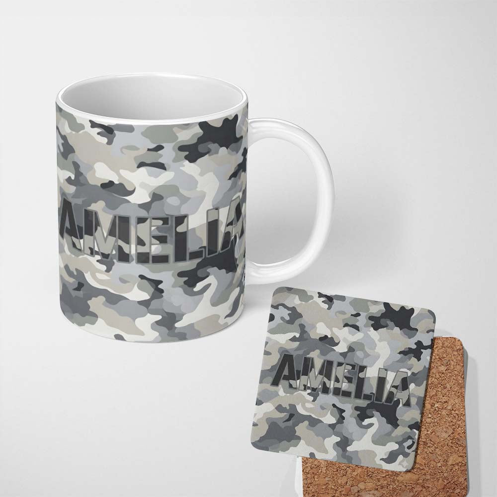 Personalized Custom Name Grey Neutral Camouflage Contemporary Seamless Pattern Lovely 11oz Ceramic Coffee Tea Mug White Large Handle