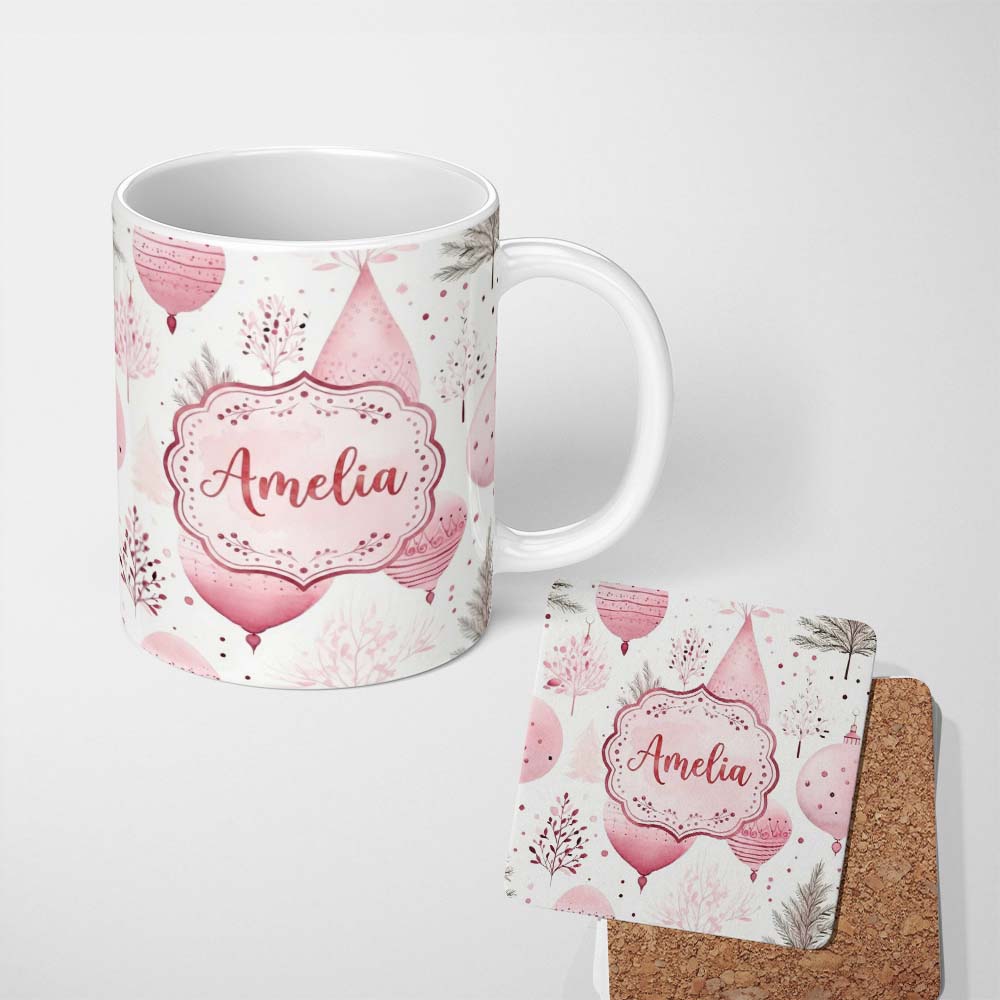 Personalized Custom Name Soft Pink Christmas Baubles Botanical Seamless Pattern Lovely 11oz Ceramic Coffee Tea Mug White Large Handle