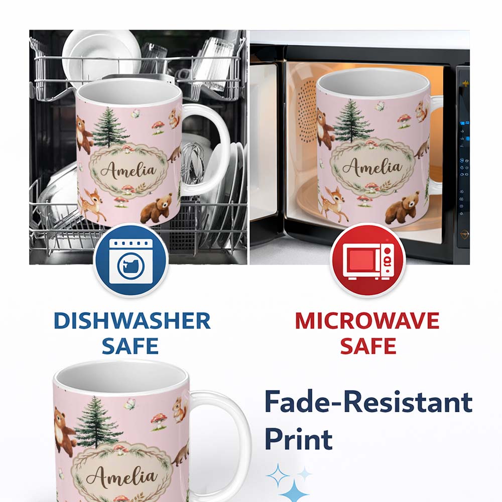 Personalized Custom Name Forest Animals Bear Bunny Squirrel Trees on Warm Pink Seamless 11oz Ceramic Coffee Tea Mug White Large Handle