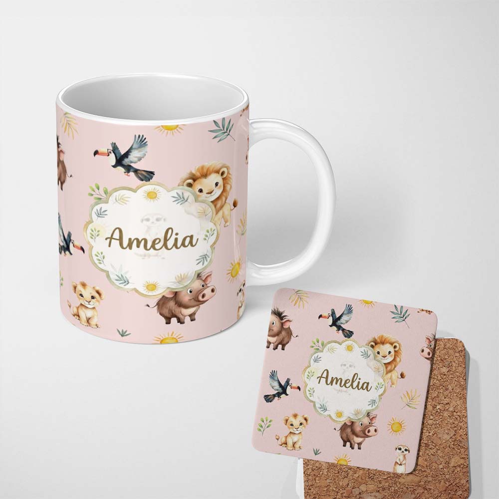 Personalized Custom Name Jungle Animals Lion Meerkat Toucan Boar on Blush Pink Seamless 11oz Ceramic Coffee Tea Mug White Large Handle