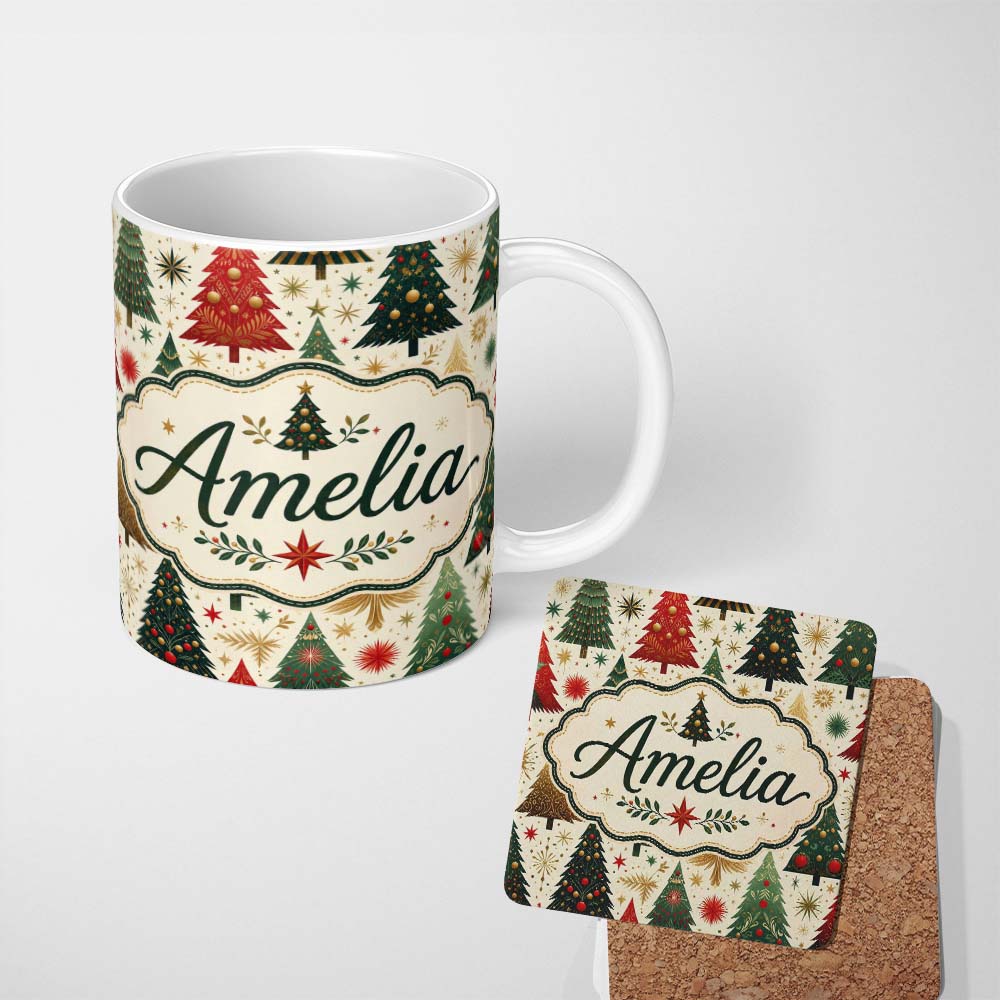Personalized Custom Name Elegant Christmas Trees Gold Green Red Stars Festive Seamless Lovely 11oz Ceramic Coffee Tea Mug White Large Handle