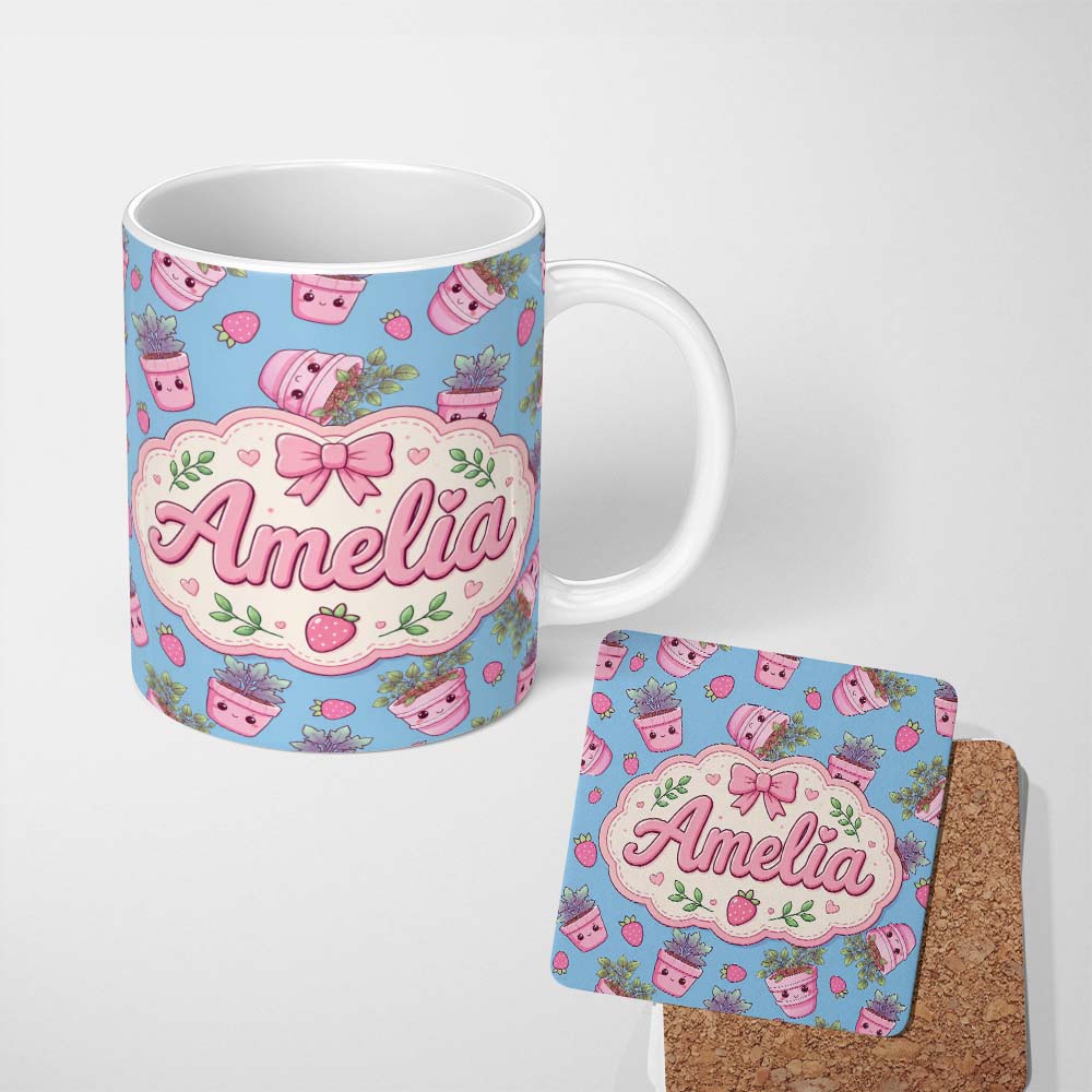 Personalized Custom Name Cute Pink Plant Pots Leaves Strawberry Seamless Pattern Blue Lovely 11oz Ceramic Coffee Tea Mug White Large Handle