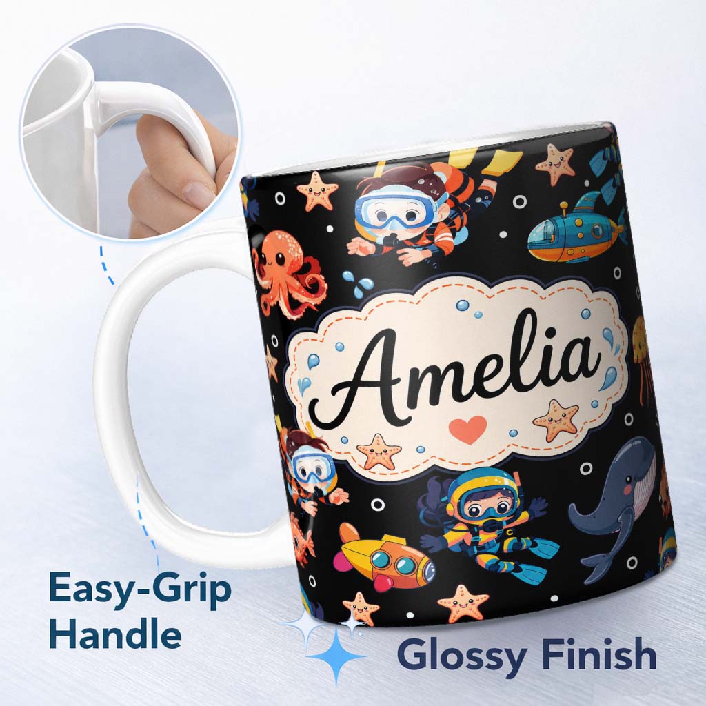 Personalized Custom Name Underwater with Scuba Divers Starfish and Whale on Light Grey Lovely 11oz Ceramic Coffee Tea Mug White Large Handle