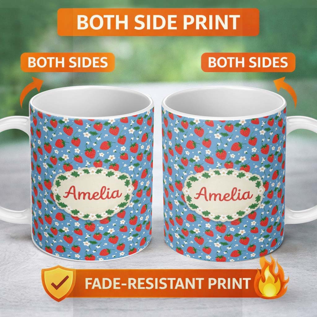 Personalized Custom Name Cute Simple Strawberries and Flowers on Blue Background Seamless 11oz Ceramic Coffee Tea Mug White Large Handle