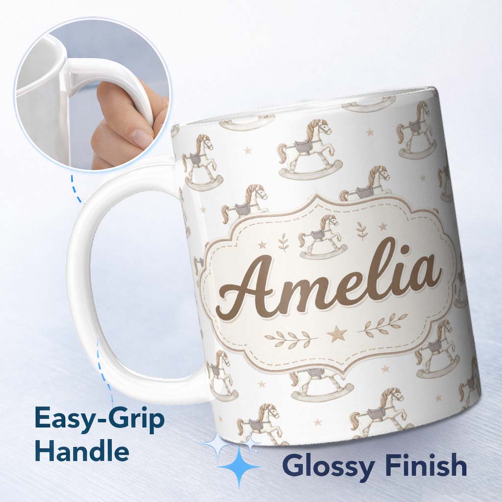 Personalized Custom Name Vintage Wooden Rocking Horse Seamless Pattern on Soft Neutral Lovely 11oz Ceramic Coffee Tea Mug White Large Handle