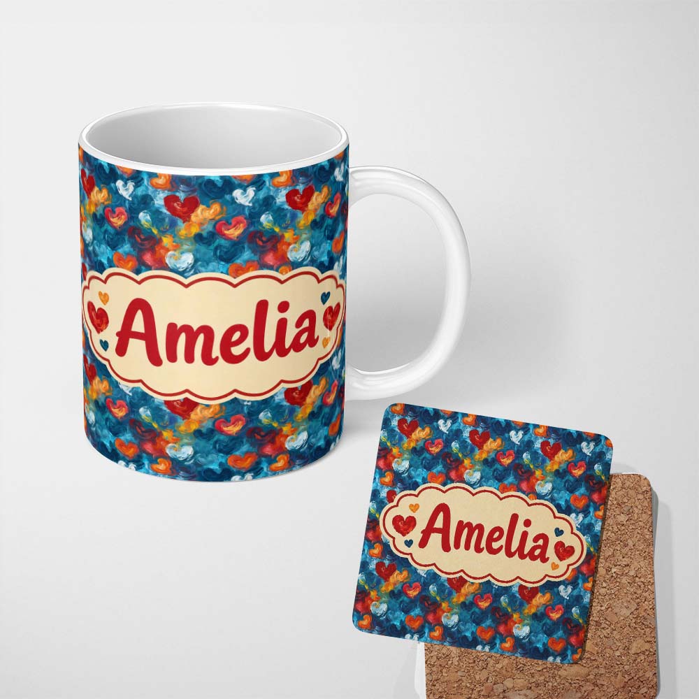 Personalized Custom Name Abstract Painted Hearts Blue Red Orange Brushstroke Seamless Pattern 11oz Ceramic Coffee Tea Mug White Large Handle