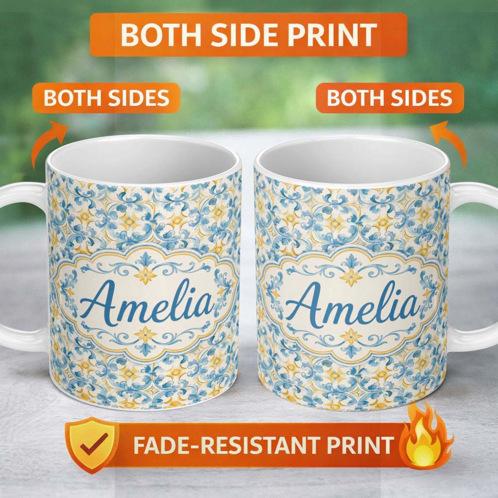 Personalized Custom Name Blue and Gold Classic Decorative Tile Pattern with Elegant Floral 11oz Ceramic Coffee Tea Mug White Large Handle