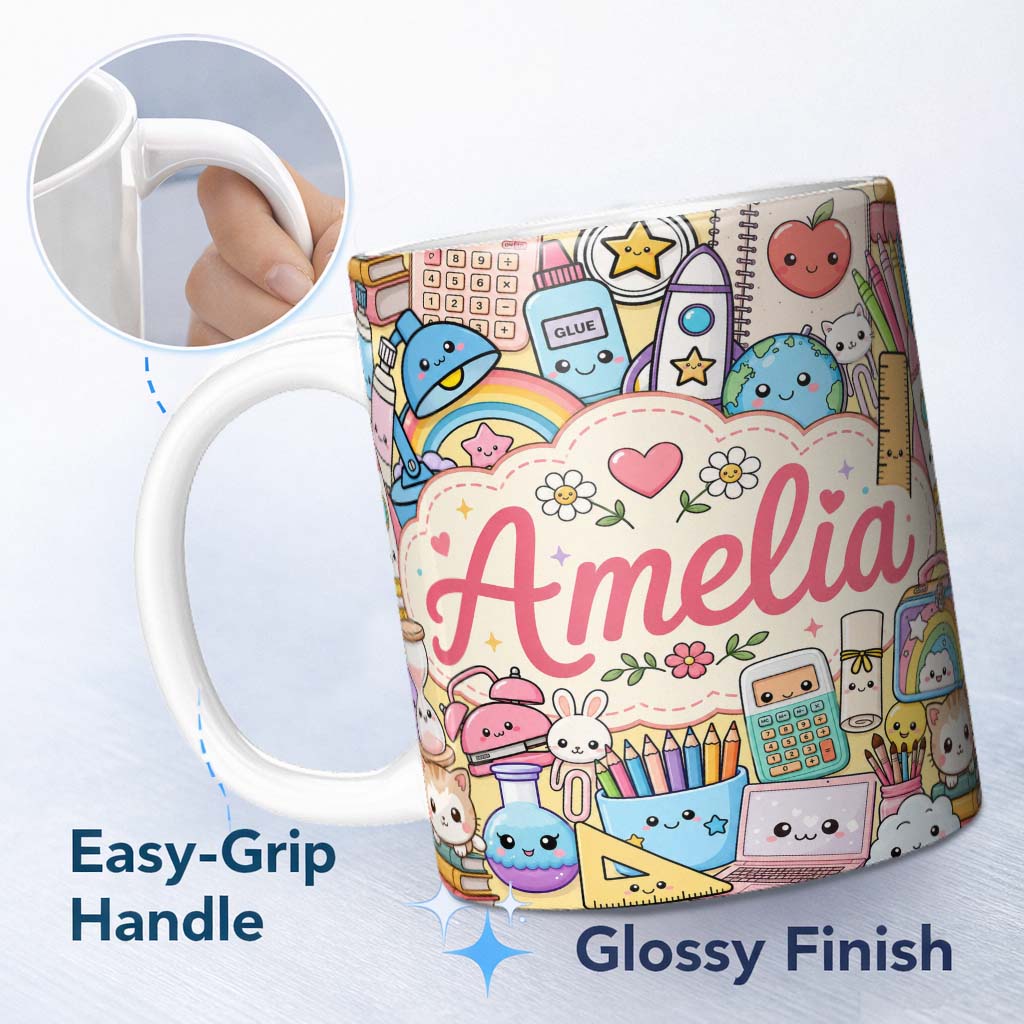 Personalized Custom Name Cute Kawaii School Supplies Science Art Cute Pattern Yellow Lovely 11oz Ceramic Coffee Tea Mug White Large Handle