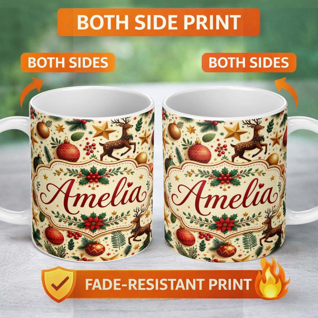 Personalized Custom Name Festive Christmas Reindeer Baubles Stars and Holly Berry Elements 11oz Ceramic Coffee Tea Mug White Large Handle