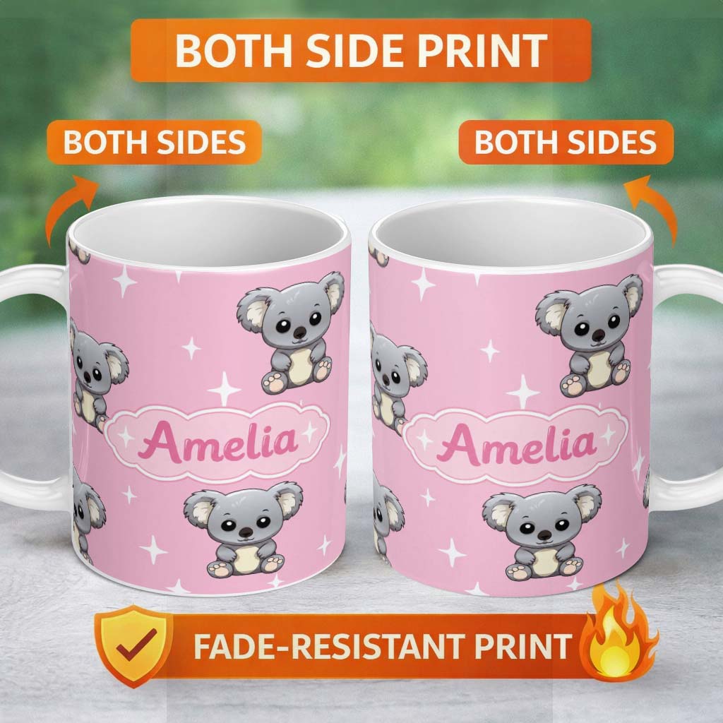 Personalized Custom Name Cute Cartoon Koala Bears with White Stars on Rose Pink Background 11oz Ceramic Coffee Tea Mug White Large Handle