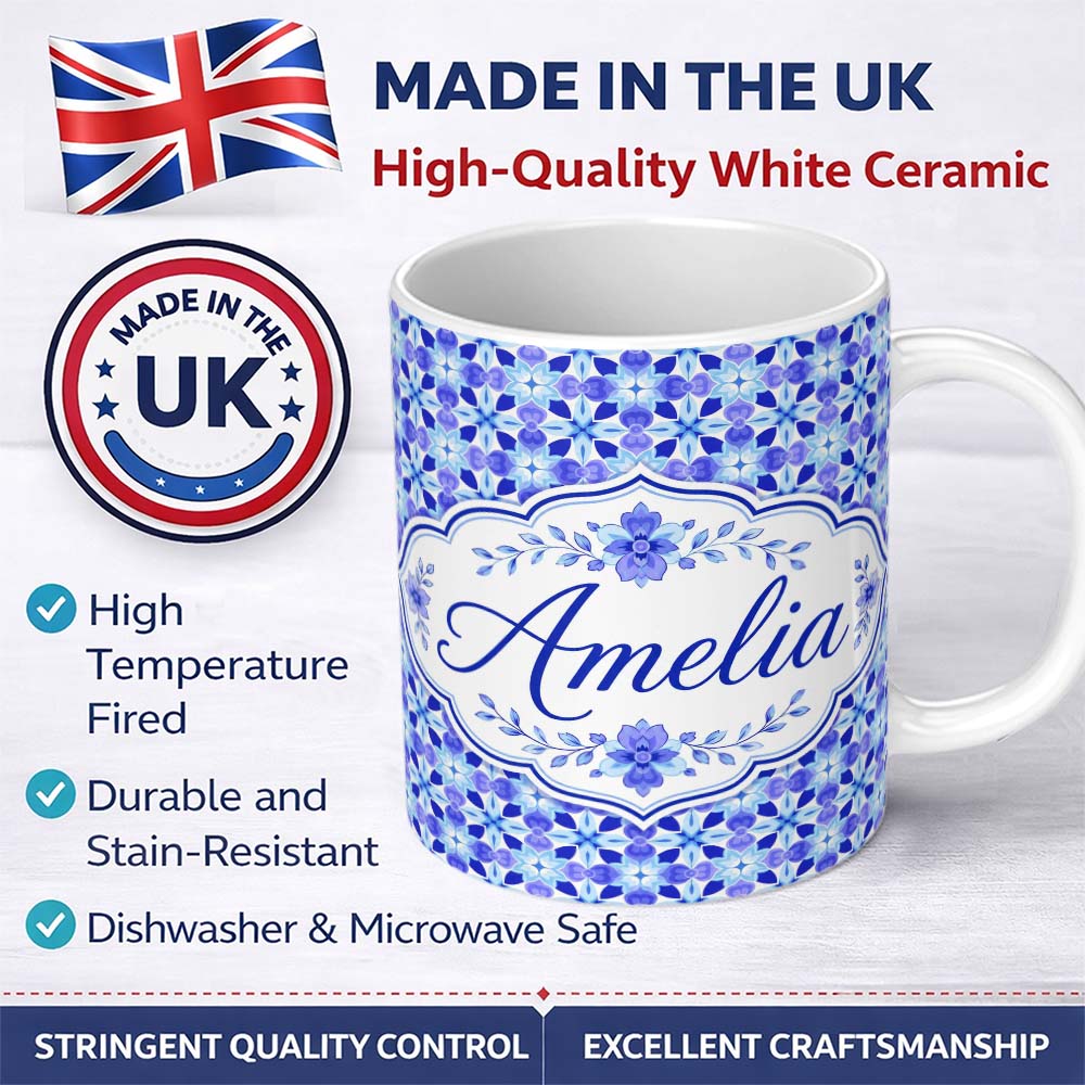 Personalized Custom Name Blue Kaleidoscope Floral Tile Seamless Pattern Symmetrical Geometric 11oz Ceramic Coffee Tea Mug White Large Handle