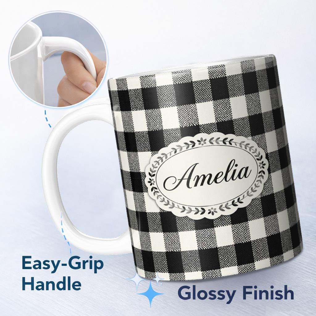 Personalized Custom Name Micro Check Distortion Black Cream Optical Pattern Cute Unique Gift 11oz Ceramic Coffee Tea Mug White Large Handle