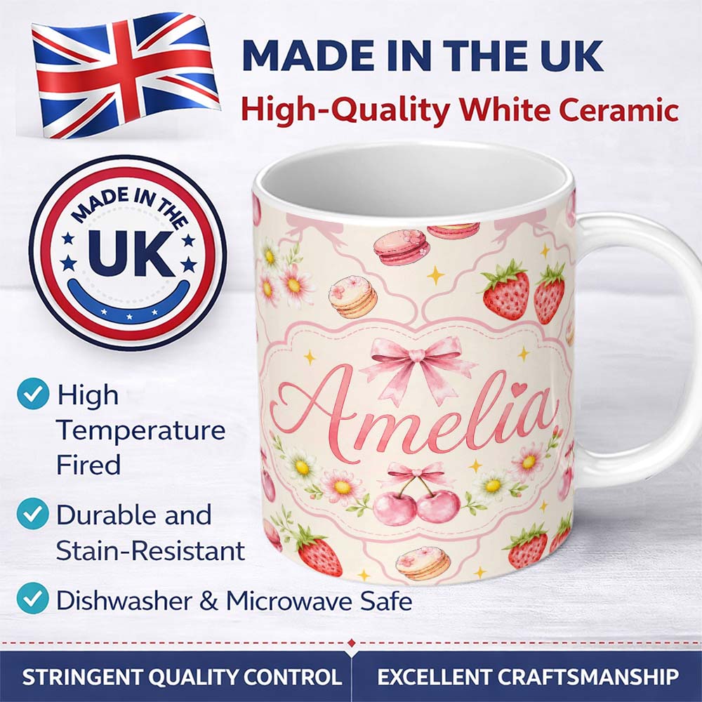 Personalized Custom Name Cute Strawberry Cherry Daisy Floral Bow Sweet Dessert Pale Neutral 11oz Ceramic Coffee Tea Mug White Large Handle