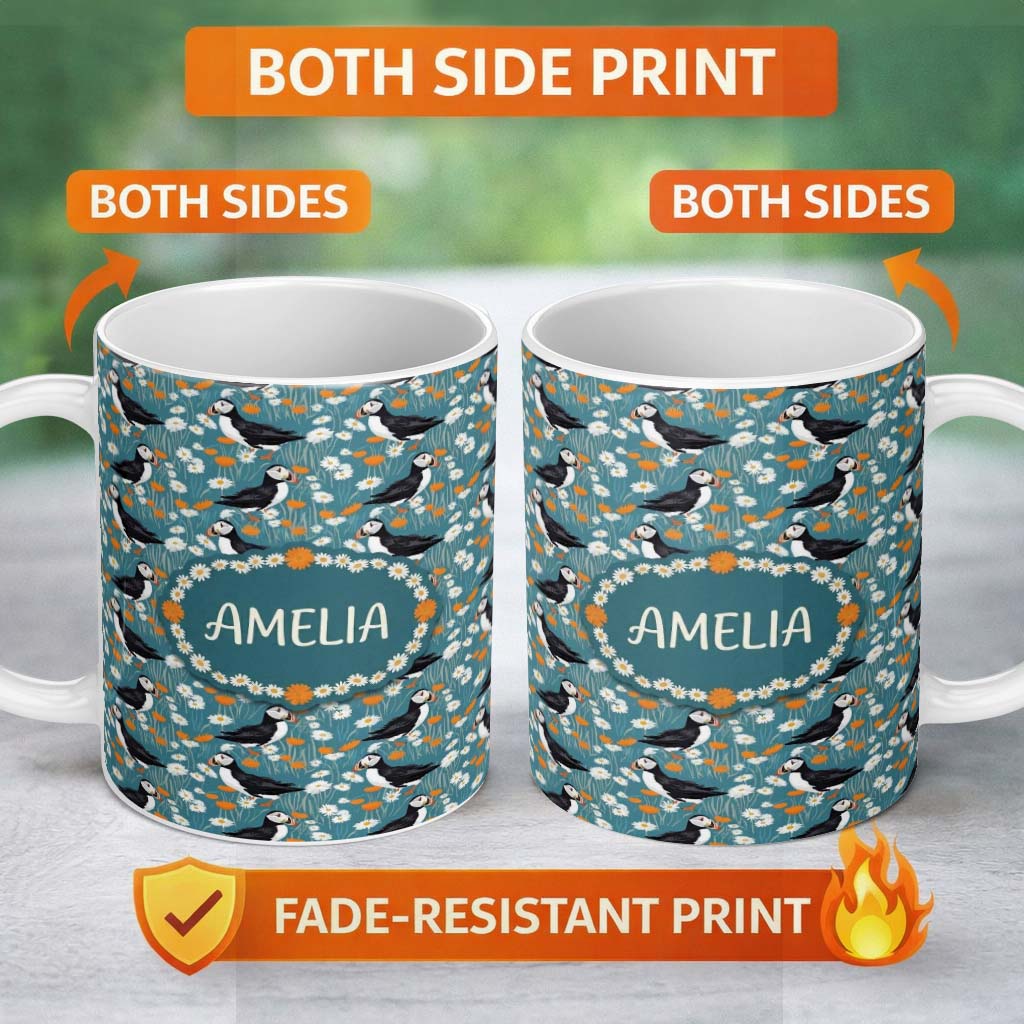 Personalized Custom Name Colorful Puffin Bird and Wildflower Meadow Seamless Pattern Lovely 11oz Ceramic Coffee Tea Mug White Large Handle